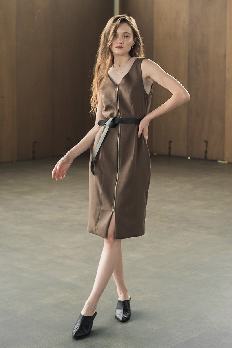 Zipper Fitted Dress In Dark Khaki