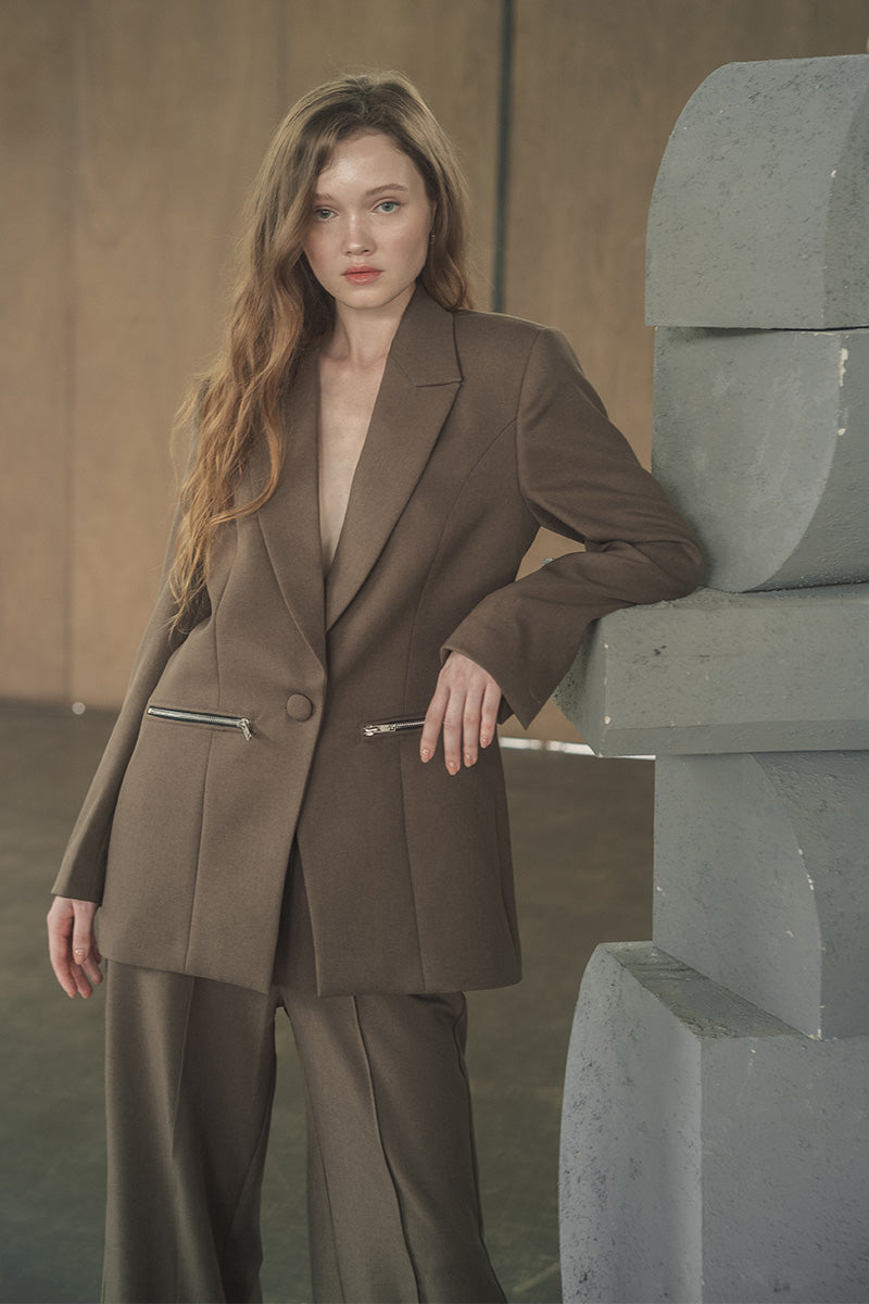 Zipper Oversized Blazer In Dark Khaki - Main Image