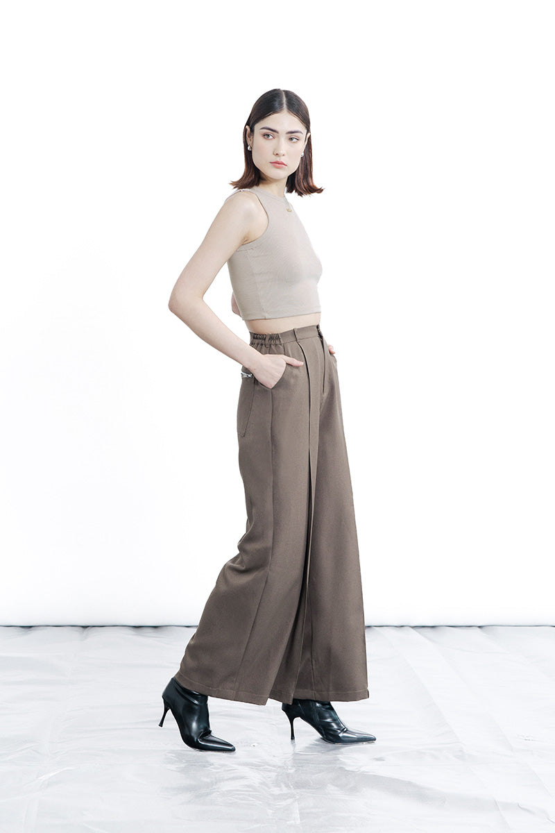 Zipper Pleated Pants In Dark Khaki