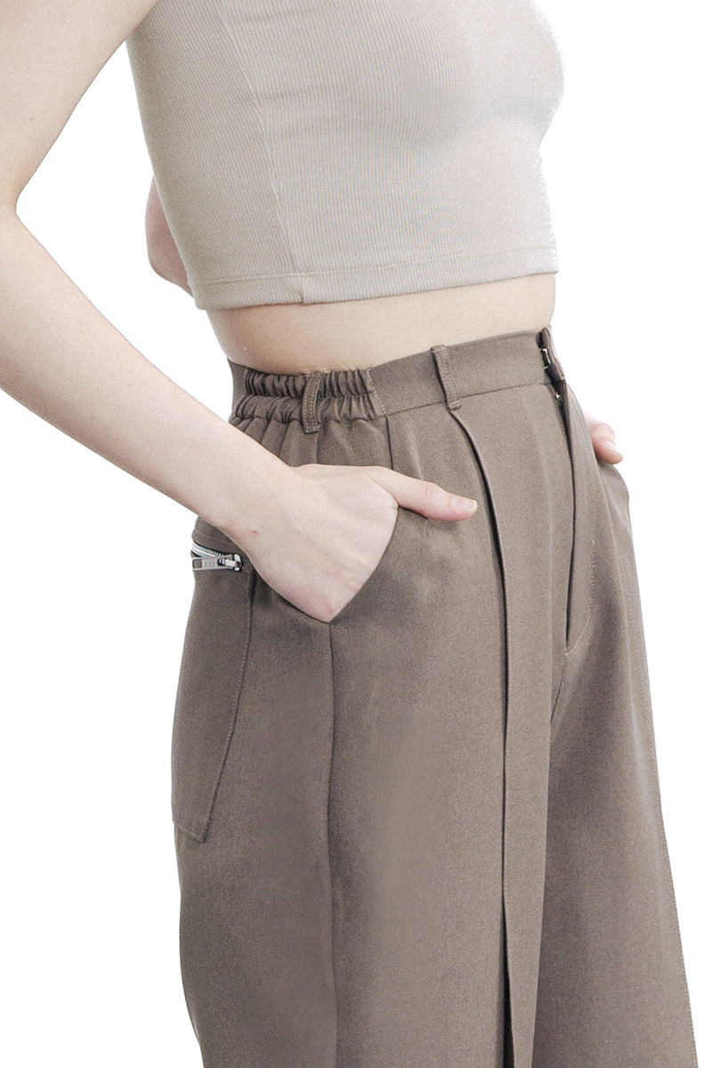 Zipper Pleated Pants In Dark Khaki