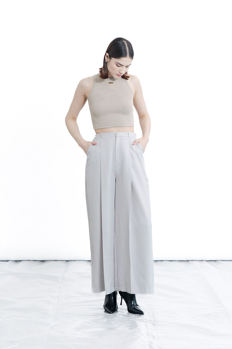 Zipper Pleated Pants In Light Grey