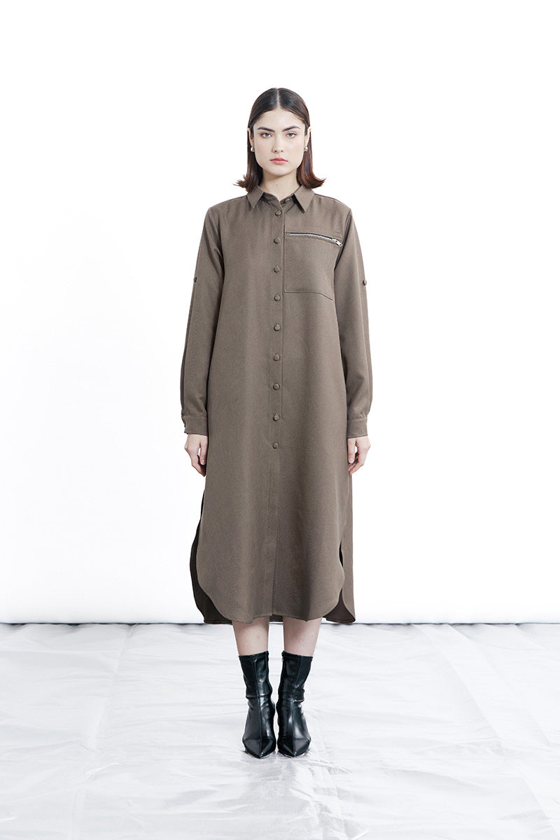 Zipper Shirt Dress In Dark Khaki