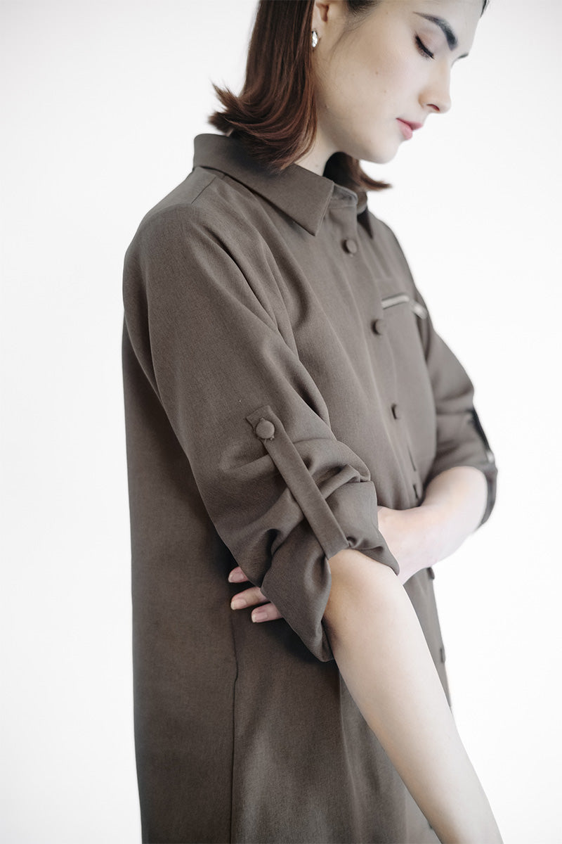 Zipper Shirt Dress In Dark Khaki