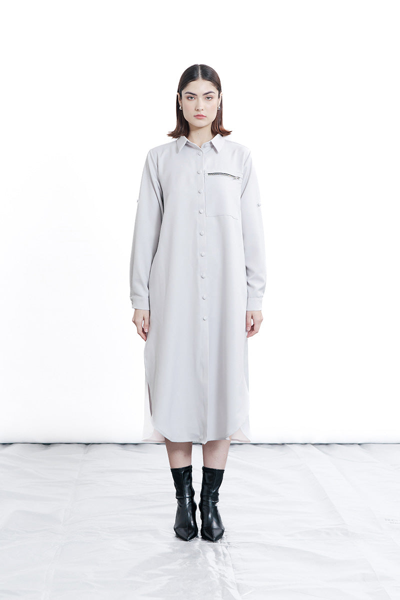 Zipper Shirt Dress In Light Grey