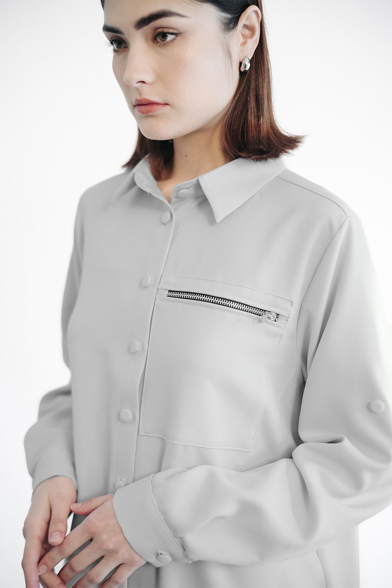 Zipper Shirt Dress In Light Grey