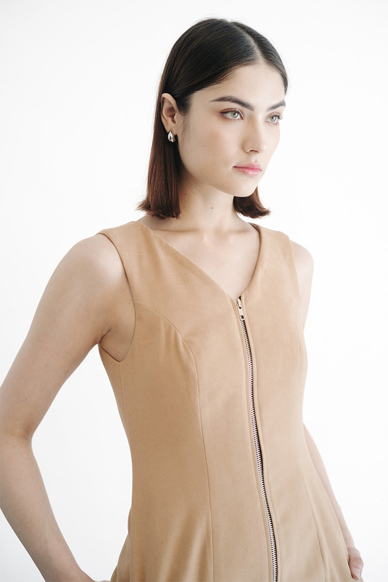 Zipper Fitted Dress In Camel