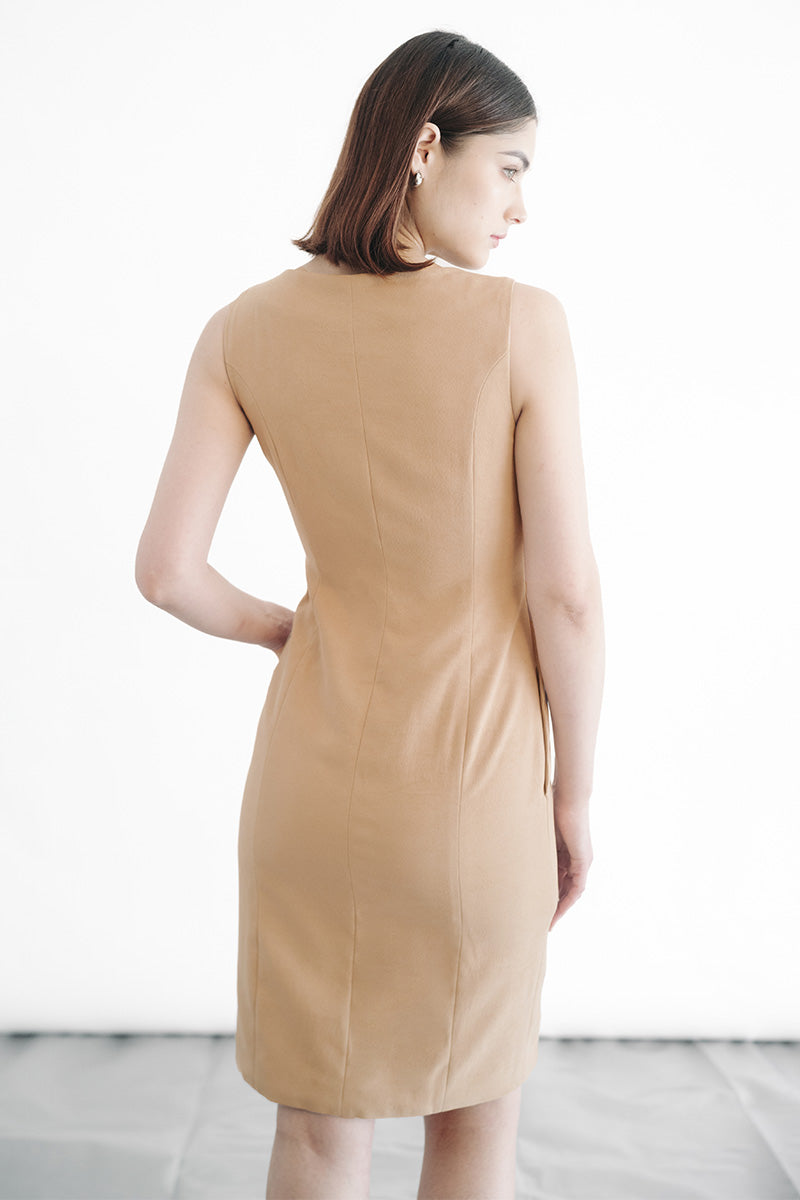 Zipper Fitted Dress In Camel