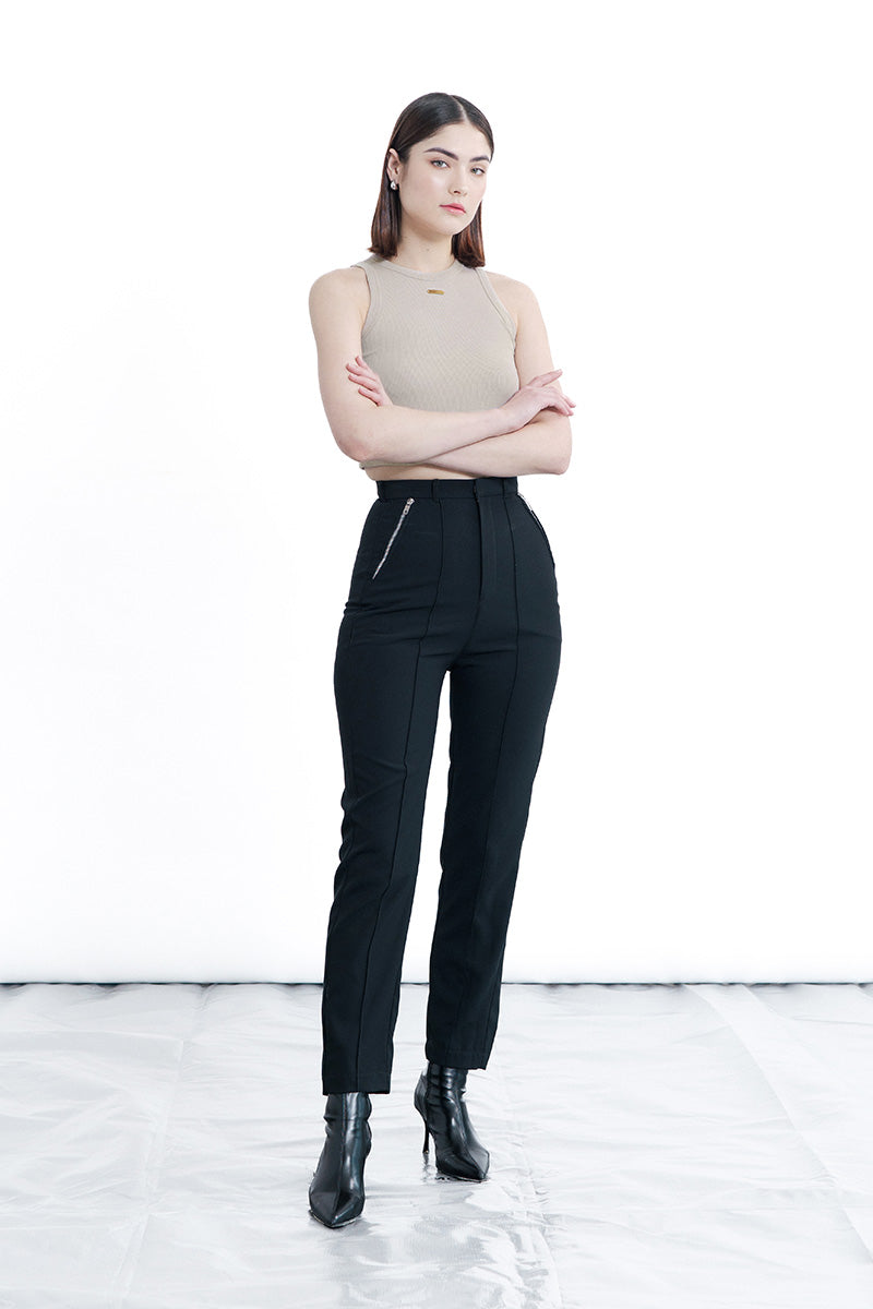 Zipper Slim Pants In Black