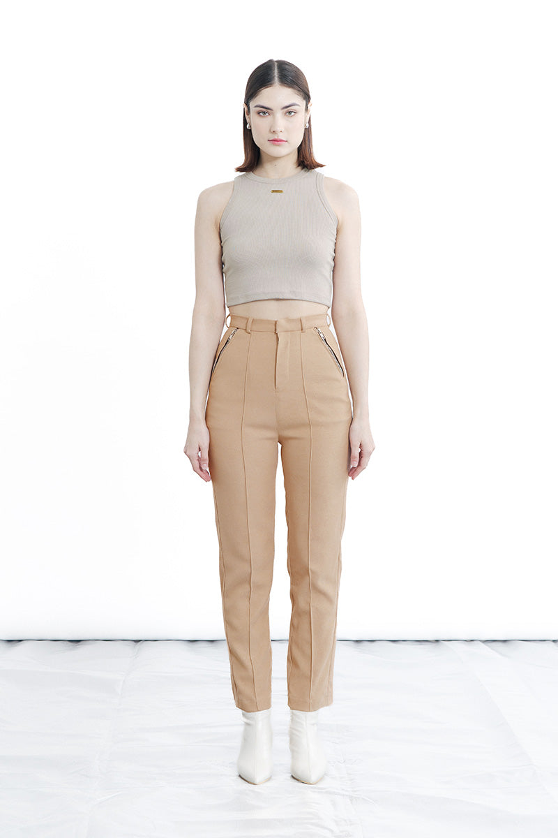 Zipper Slim Pants In Camel