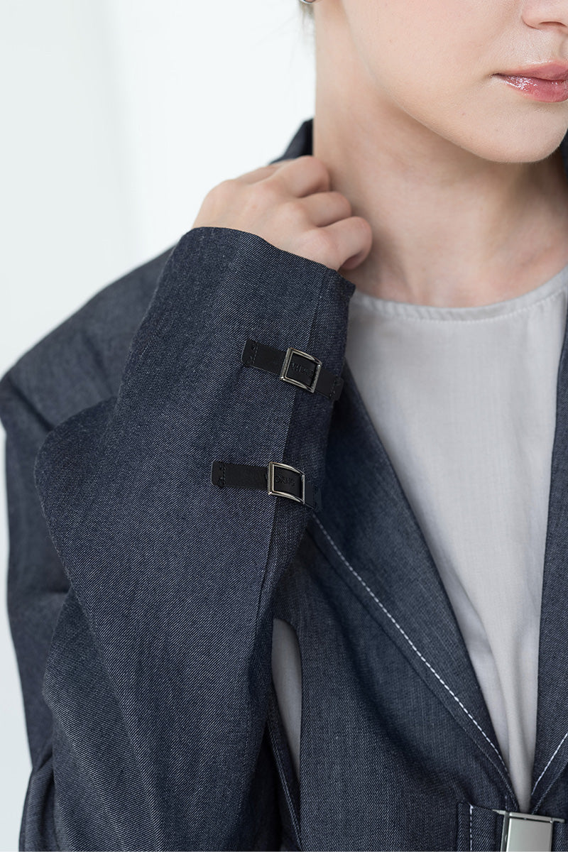 Buckle Cropped Denim Blazer In Dark Indigo
