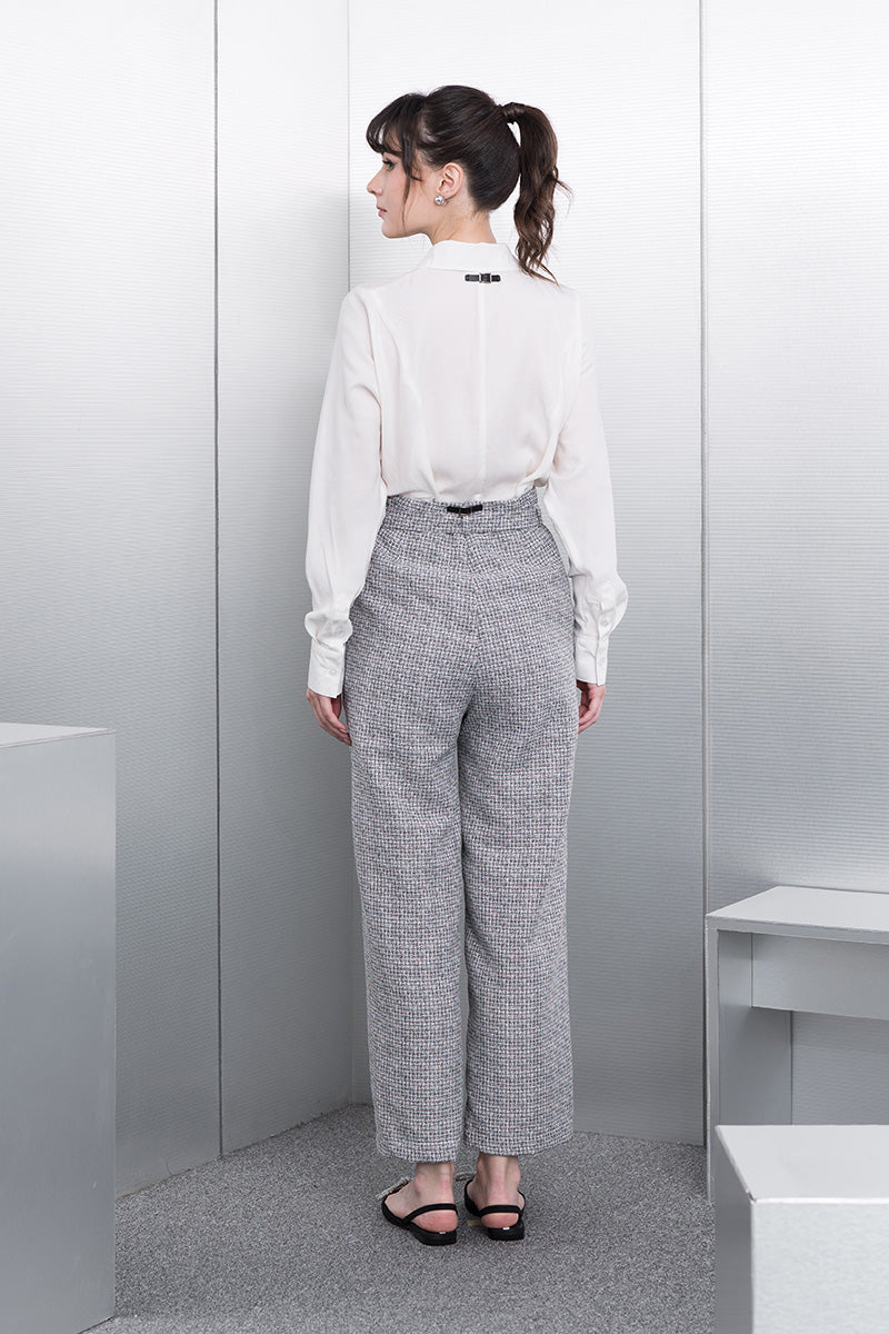 Buckle Straight Leg Tweed Pants In Stone Grey