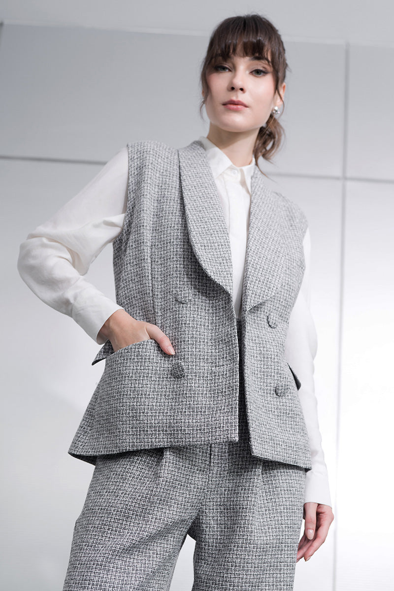 Buckle Tweed Vest In Stone Grey