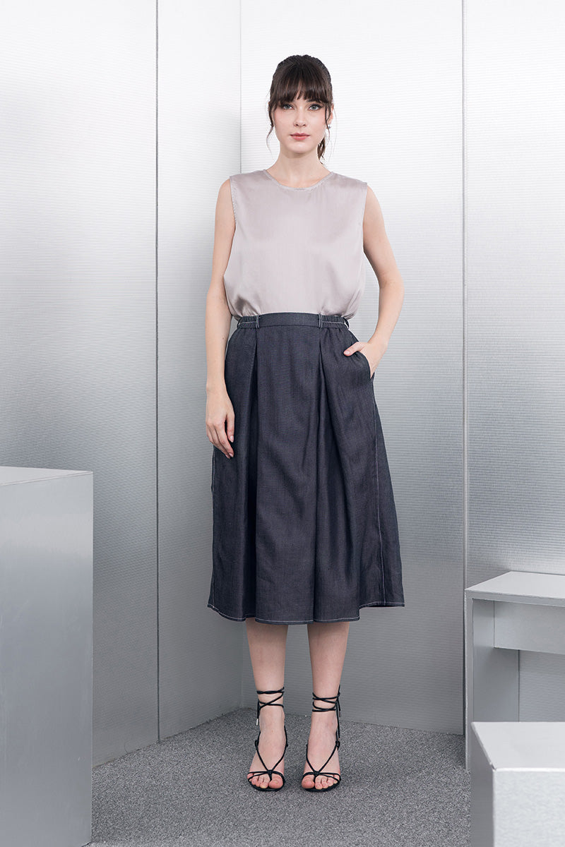 Pleated Denim Midi Skirt In Dark Indigo