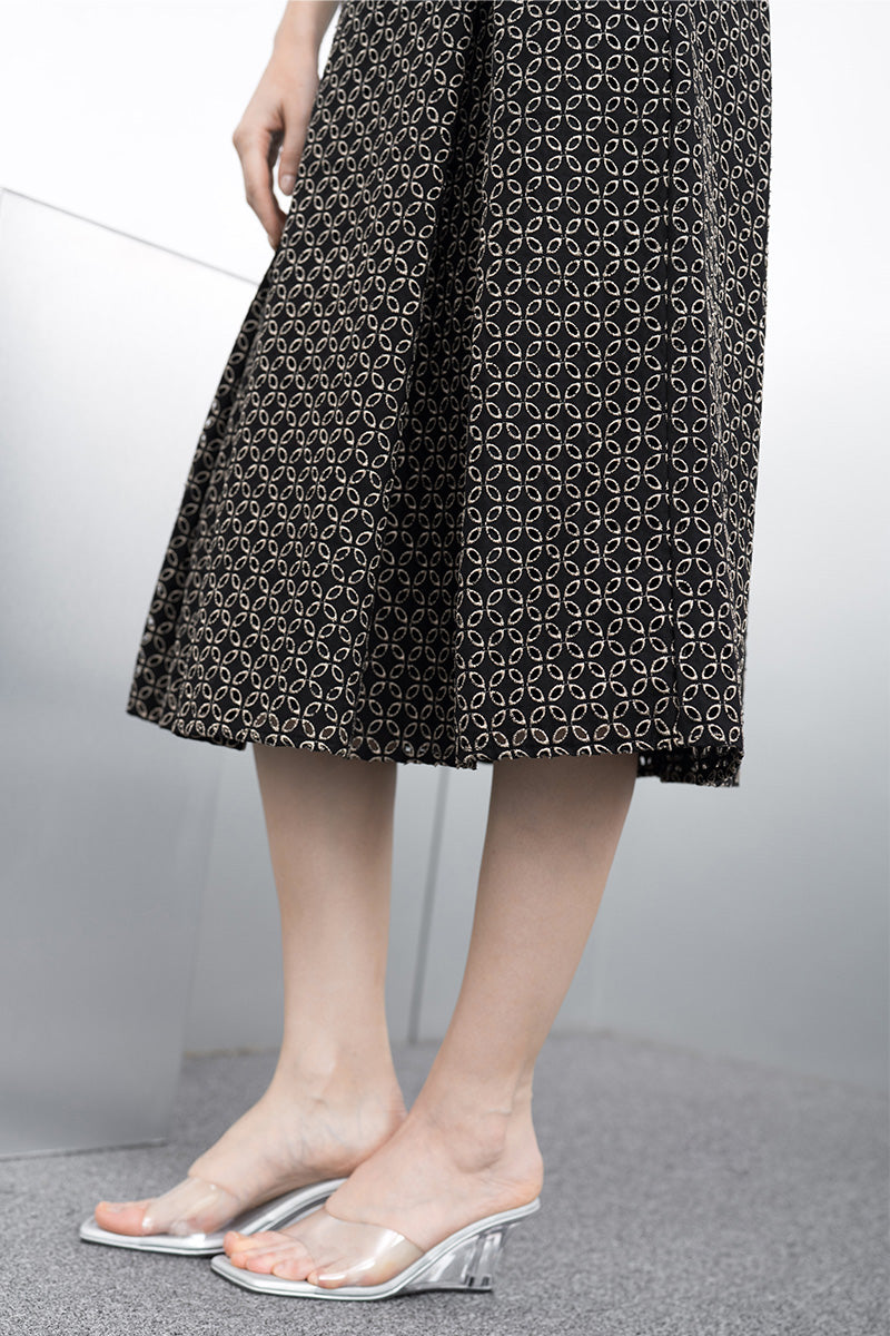 Pleated Embroidered Midi Skirt In Black