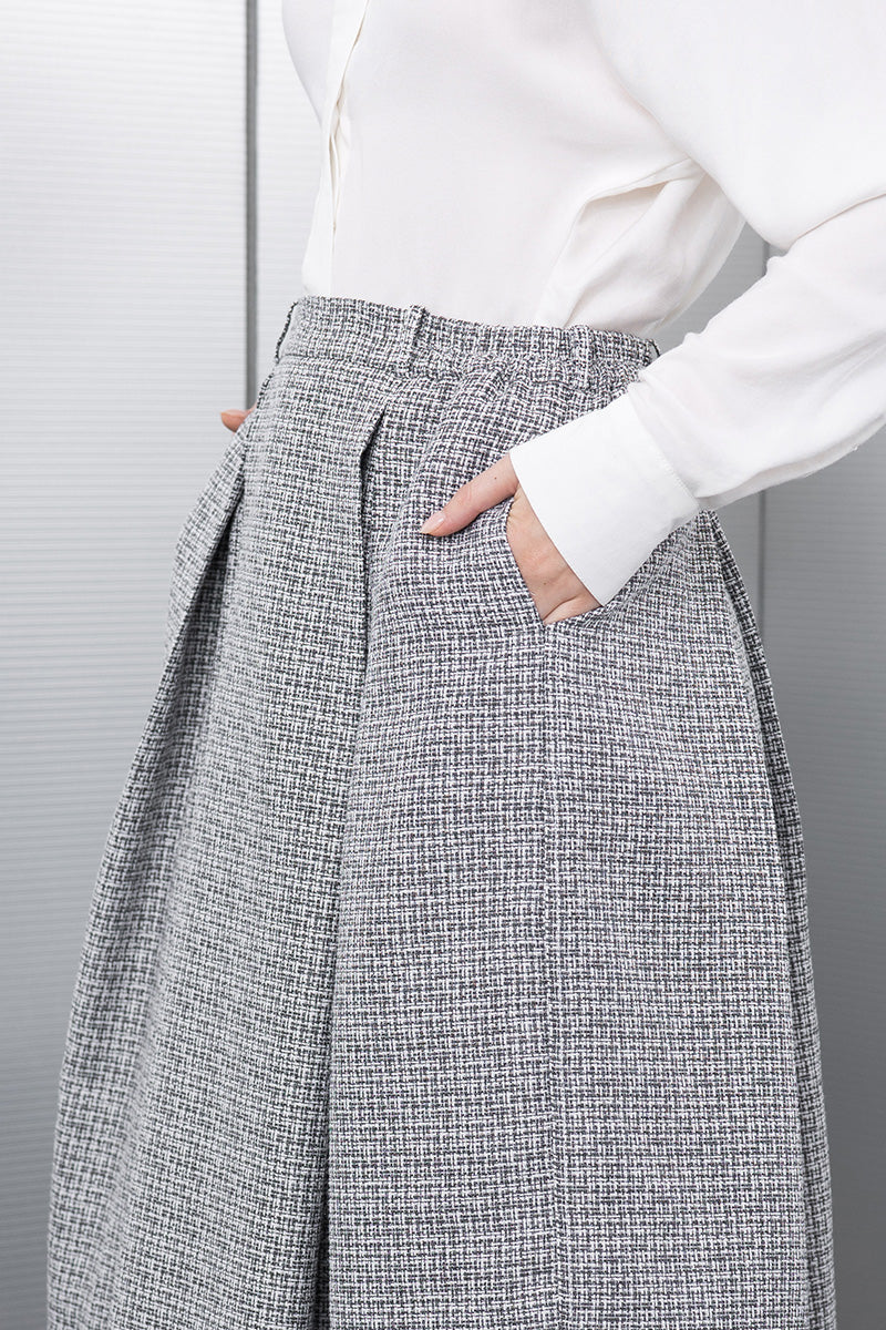 Pleated Tweed Midi Skirt In Stone Grey