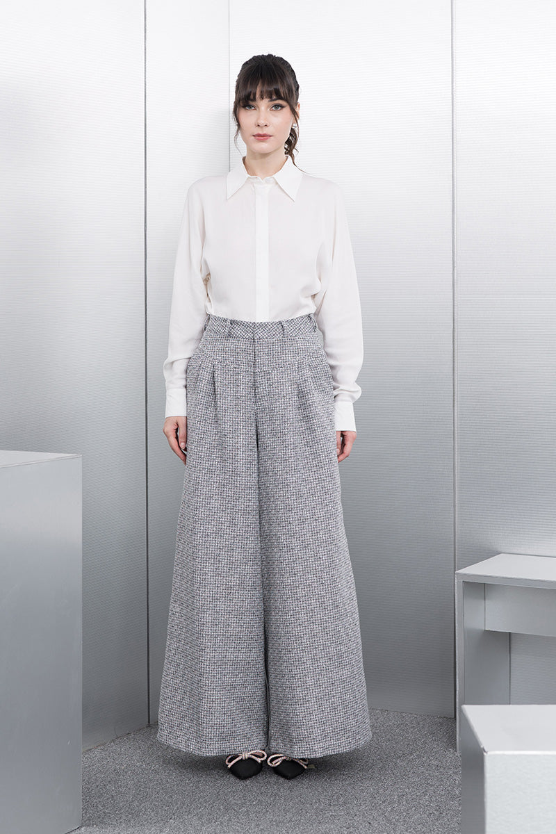 Wide Leg Tweed Pants In Stone Grey