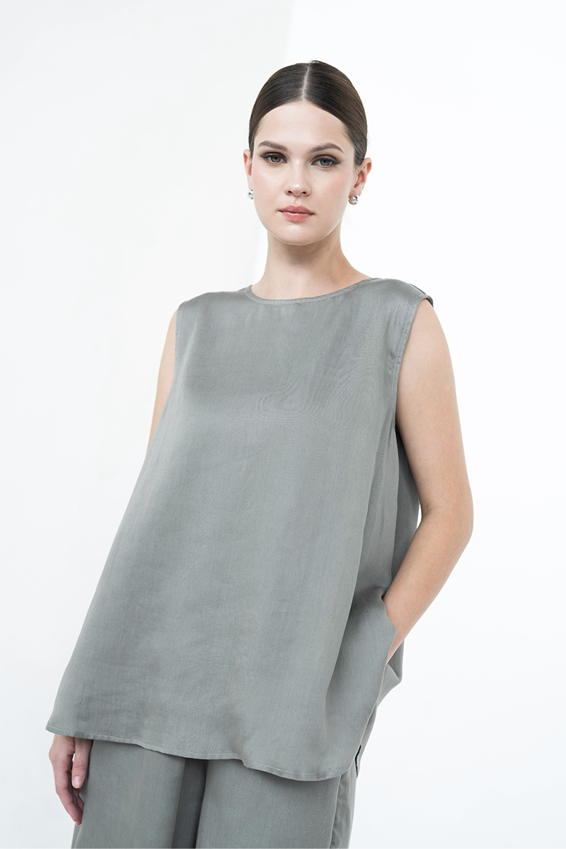 Sateen Sleeveless Top In Forest Sage