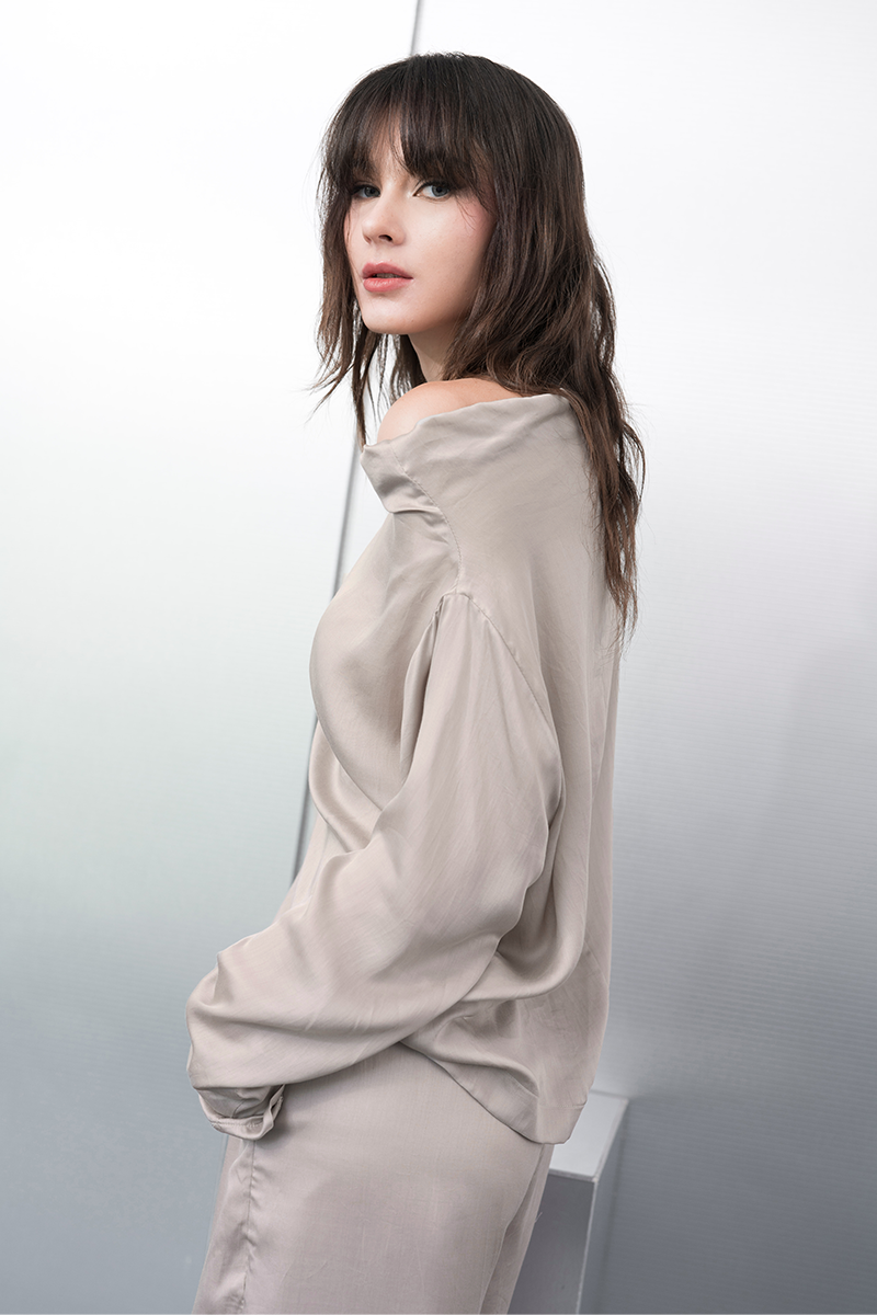 Sateen Off-Shoulder Top In Beige