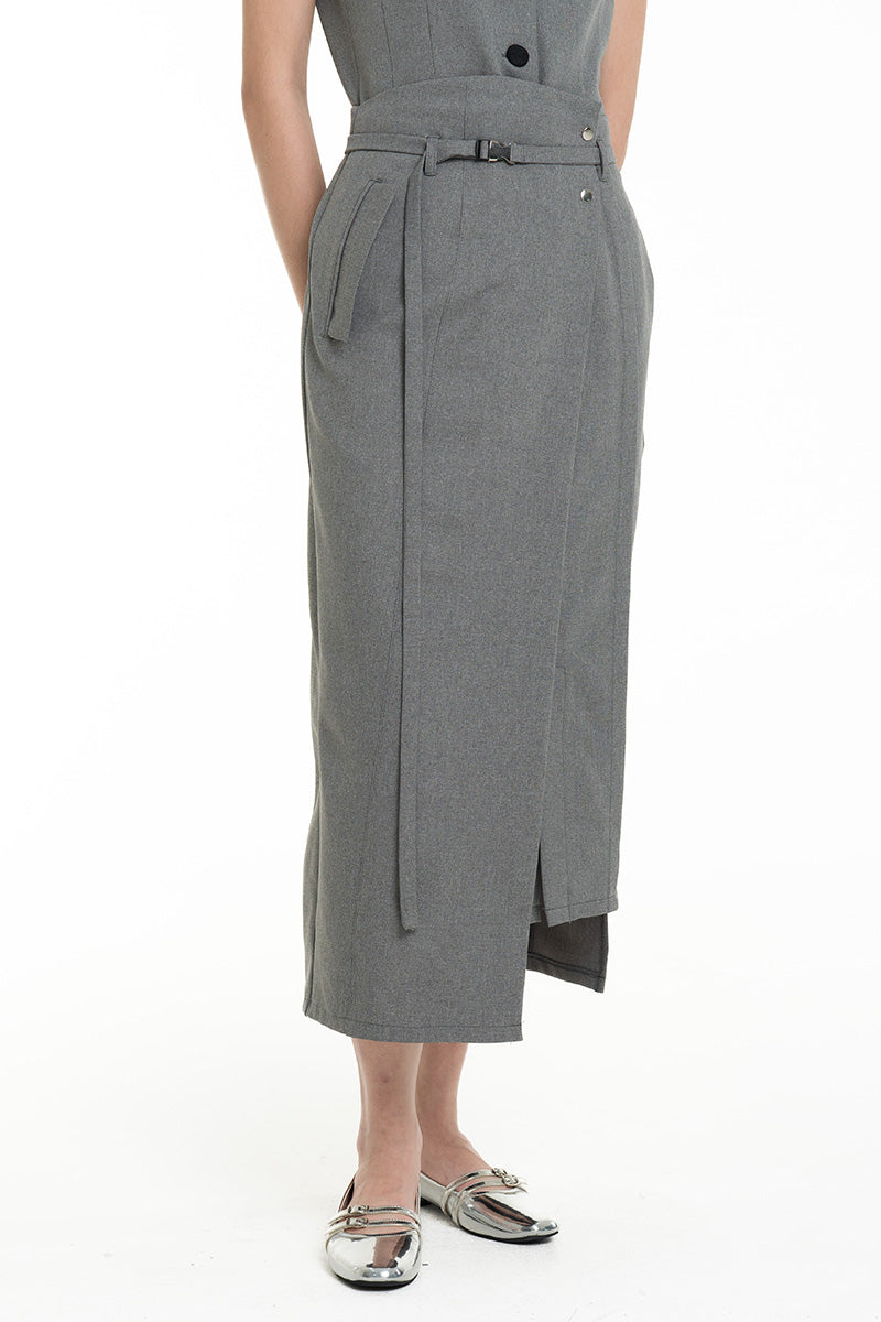 Asymmetric Wrap Midi Skirt In Cool Grey