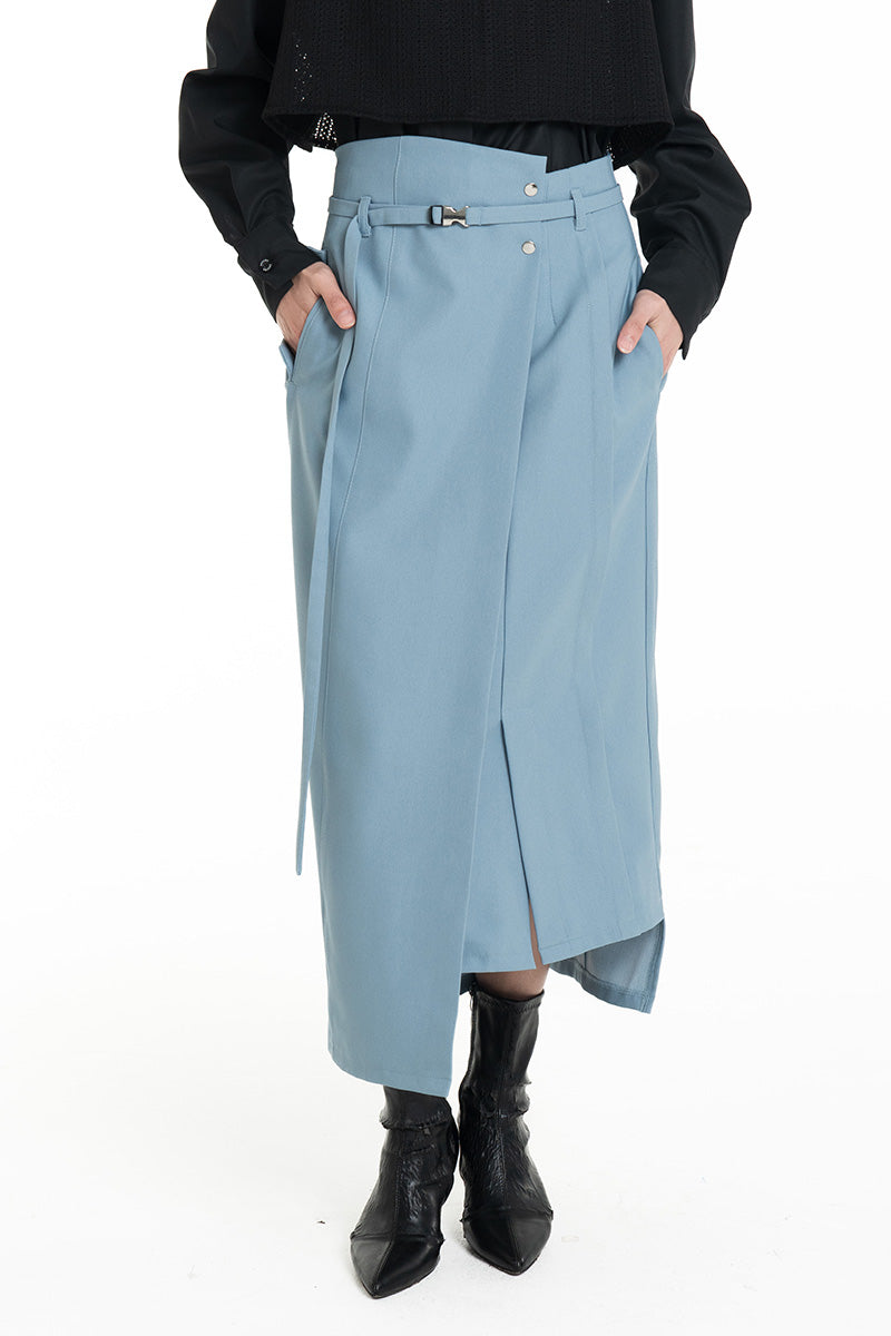 Asymmetric Wrap Midi Skirt In Sky Blue