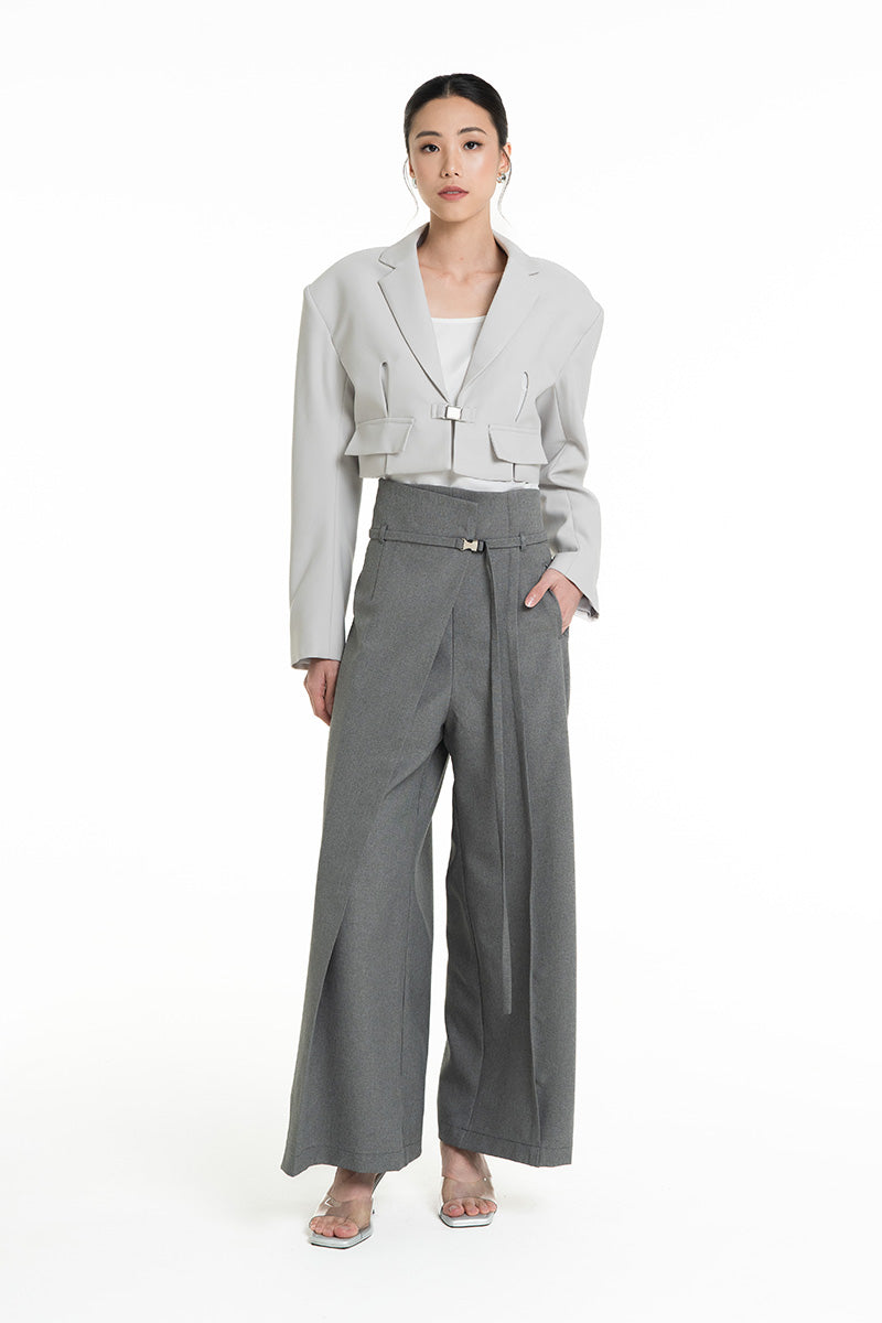 Asymmetric Wrap Wide Leg Pants In Cool Grey