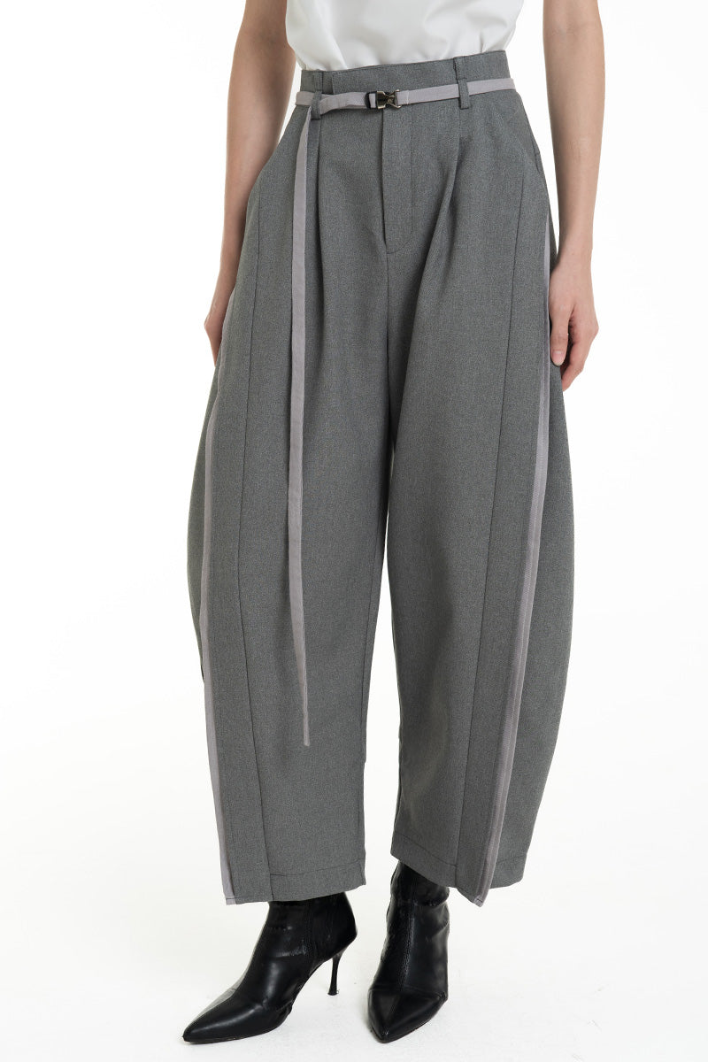 Barrel Pants With Buckle Belt And Side Stripes In Cool Grey