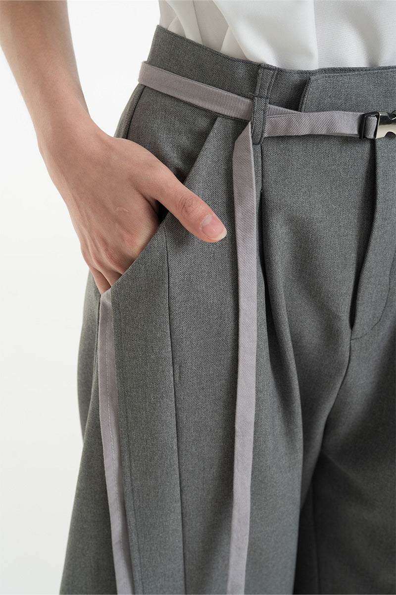 Barrel Pants With Buckle Belt And Side Stripes In Cool Grey