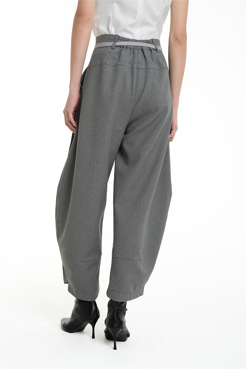 Barrel Pants With Buckle Belt And Side Stripes In Cool Grey