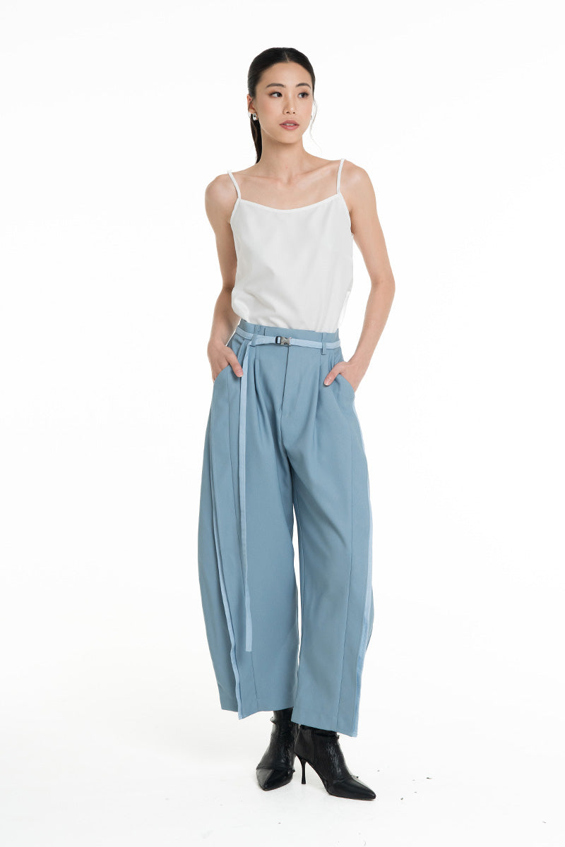 Barrel Pants With Buckle Belt And Side Stripes In Sky Blue