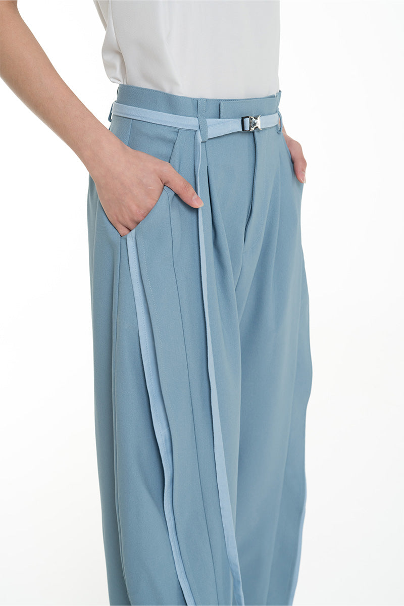 Barrel Pants With Buckle Belt And Side Stripes In Sky Blue