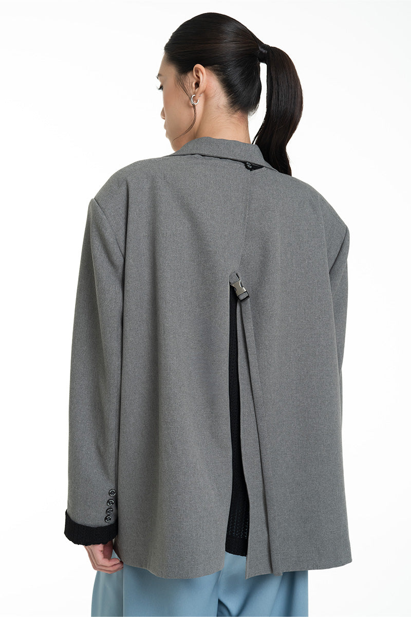 Blazer With Openwork Knitted Insert In Cool Grey