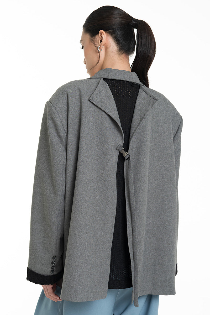 Blazer With Openwork Knitted Insert In Cool Grey