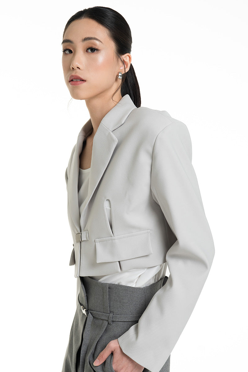 Buckle Cropped Blazer In Light Grey