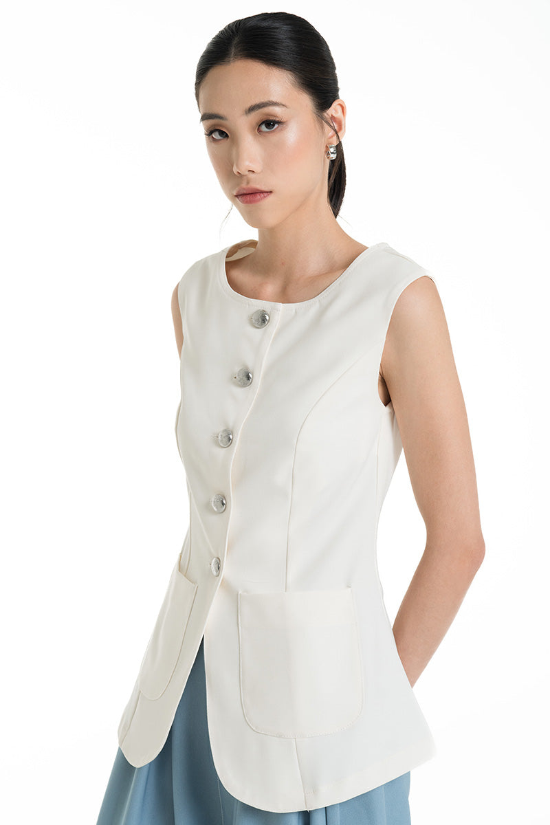 Contrast Topstitch Vest In Ivory