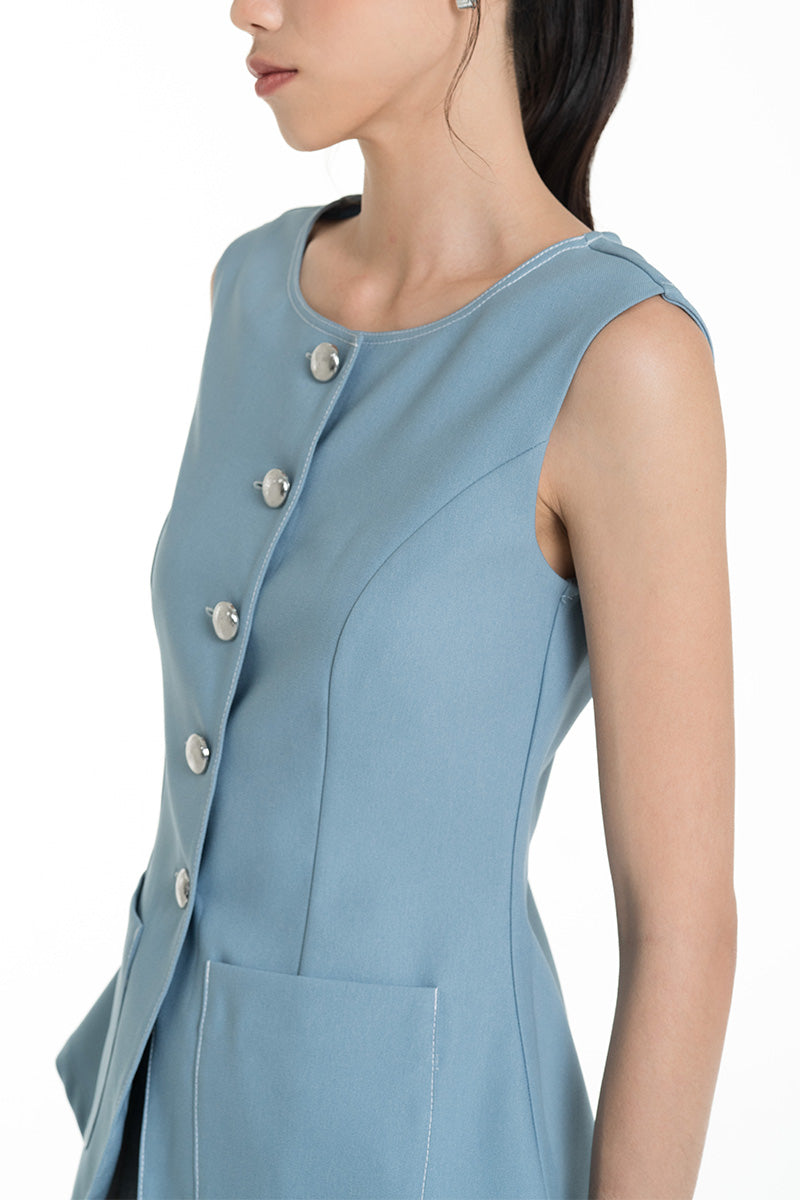 Contrast Topstitch Vest In Sky Blue
