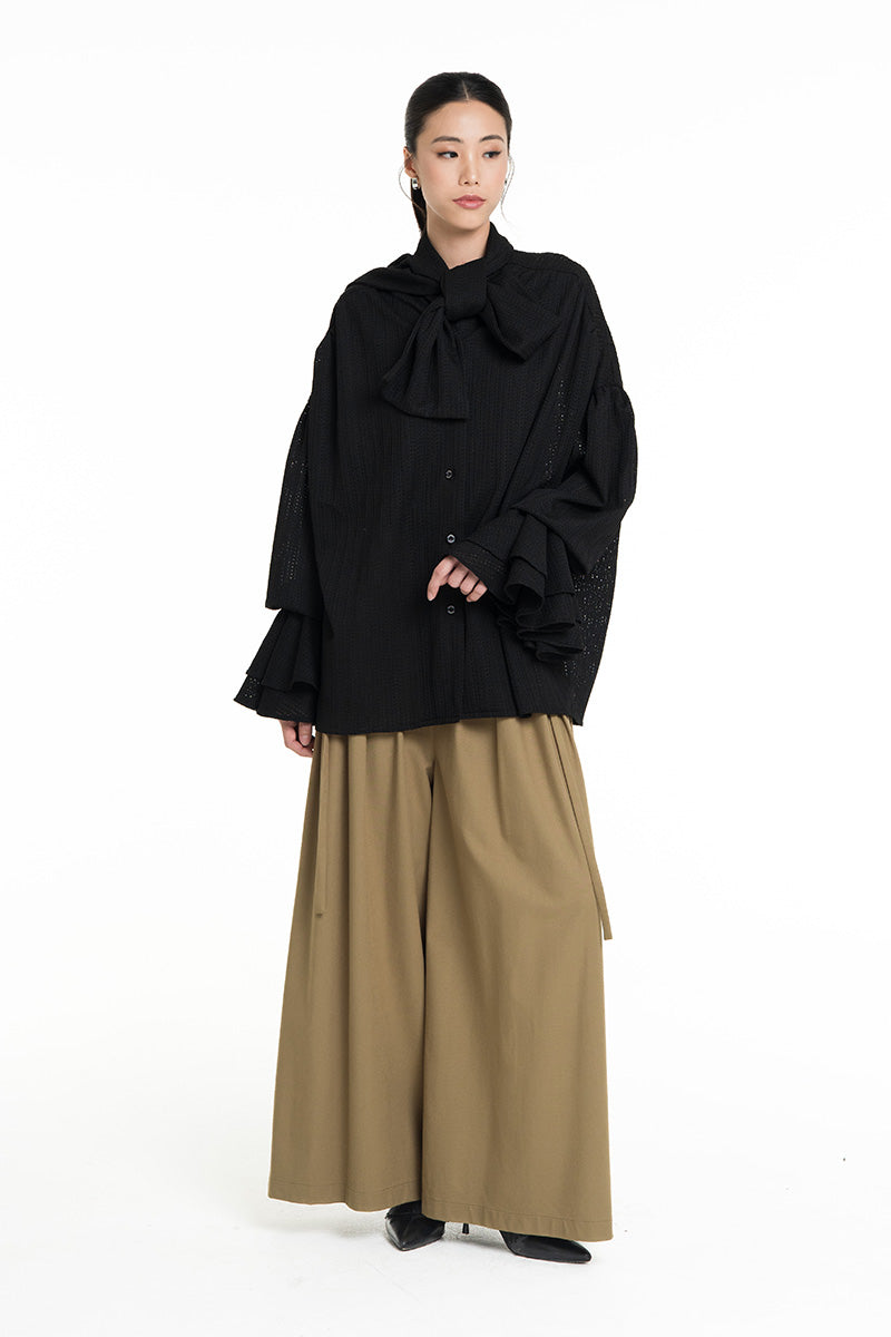 Openwork Knitted Blouse With Built-In Shawl In Black