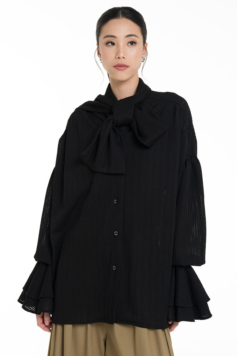 Openwork Knitted Blouse With Built-In Shawl In Black