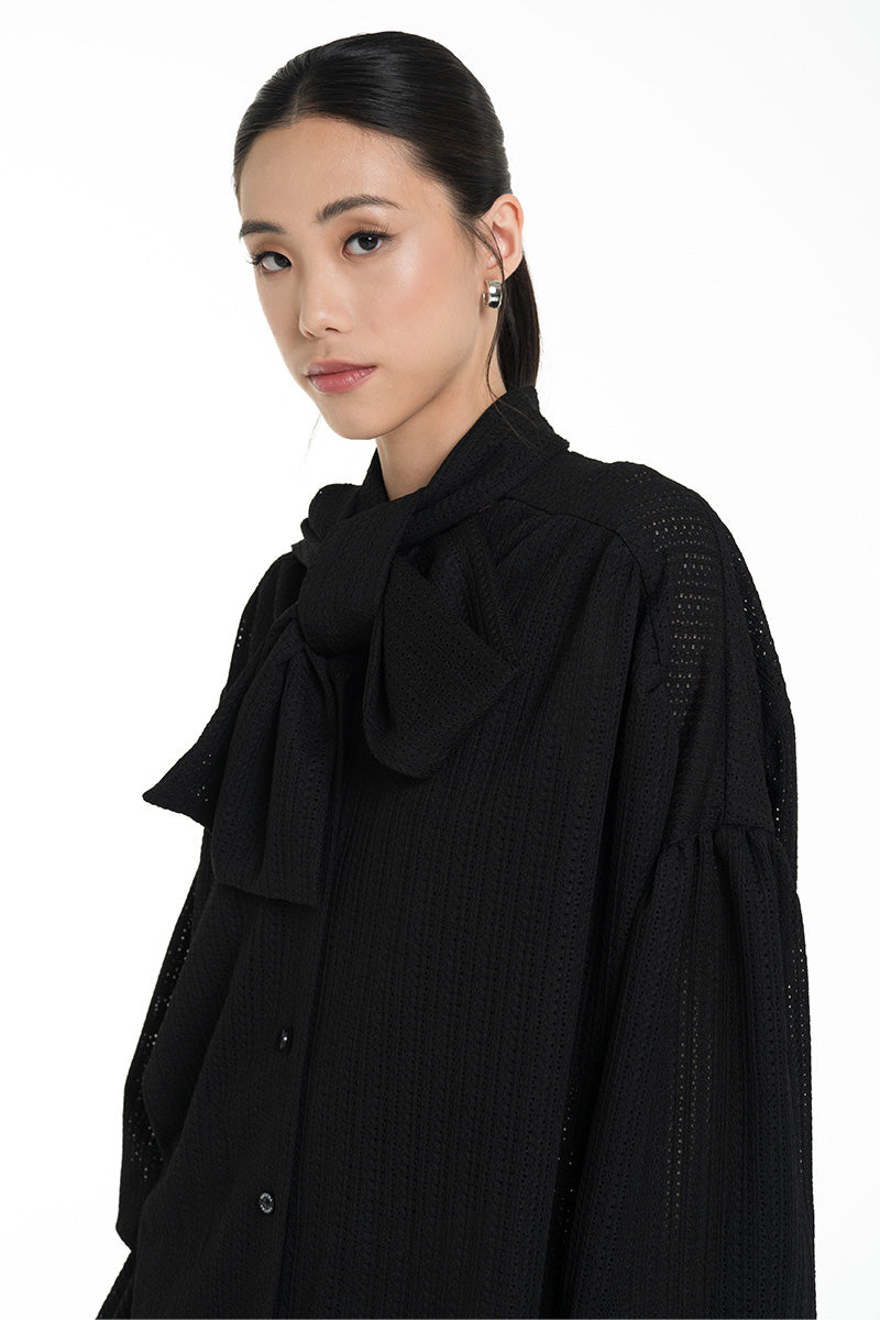 Openwork Knitted Blouse With Built-In Shawl In Black