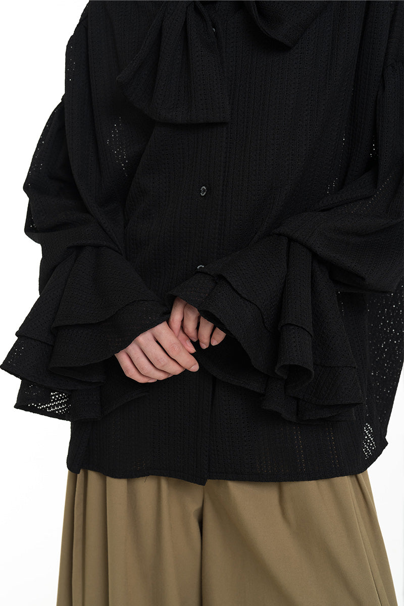 Openwork Knitted Blouse With Built-In Shawl In Black