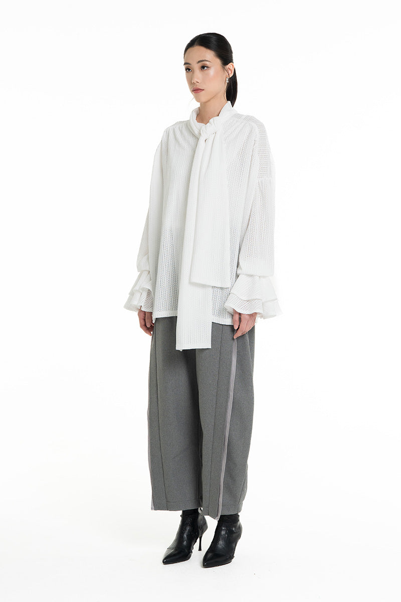 Openwork Knitted Blouse With Built-In Shawl In White