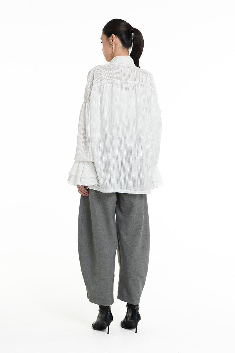 Openwork Knitted Blouse With Built-In Shawl In White