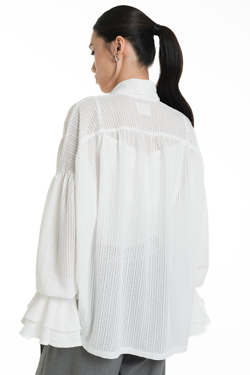 Openwork Knitted Blouse With Built-In Shawl In White