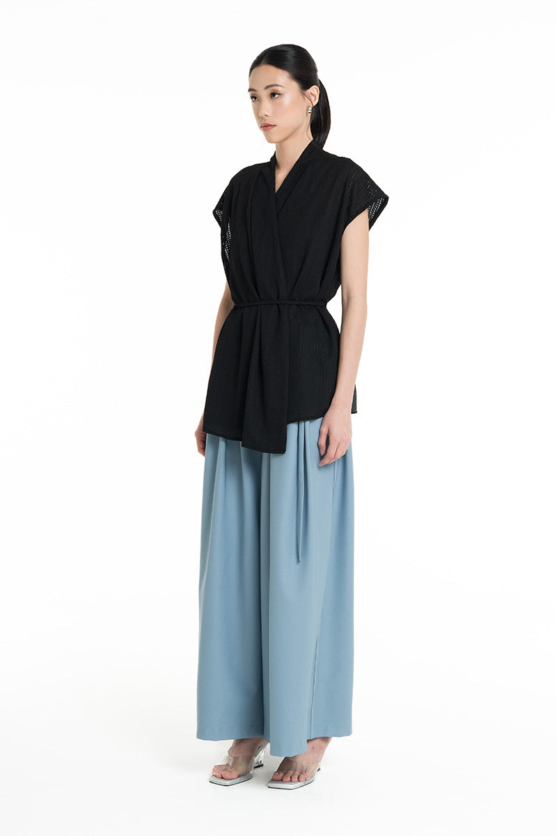 Openwork Knitted Tie Waist Vest In Black