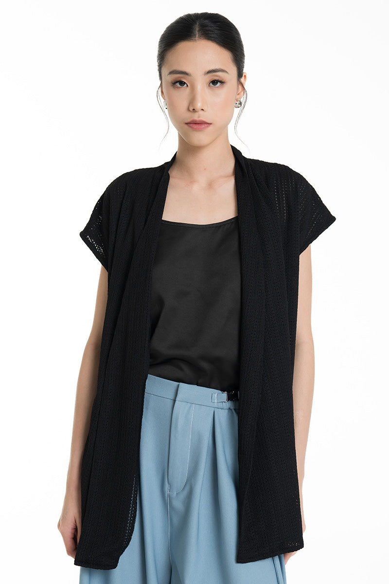 Openwork Knitted Tie Waist Vest In Black