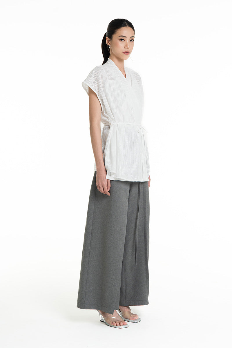 Openwork Knitted Tie Waist Vest In White