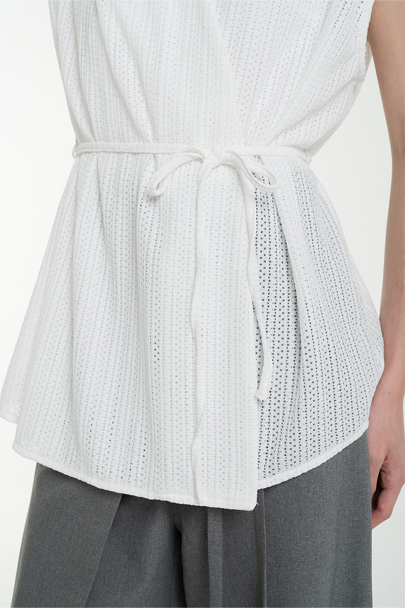 Openwork Knitted Tie Waist Vest In White