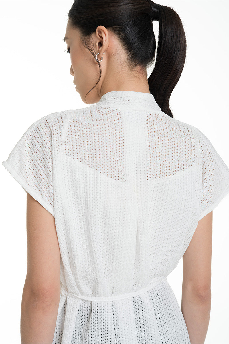Openwork Knitted Tie Waist Vest In White