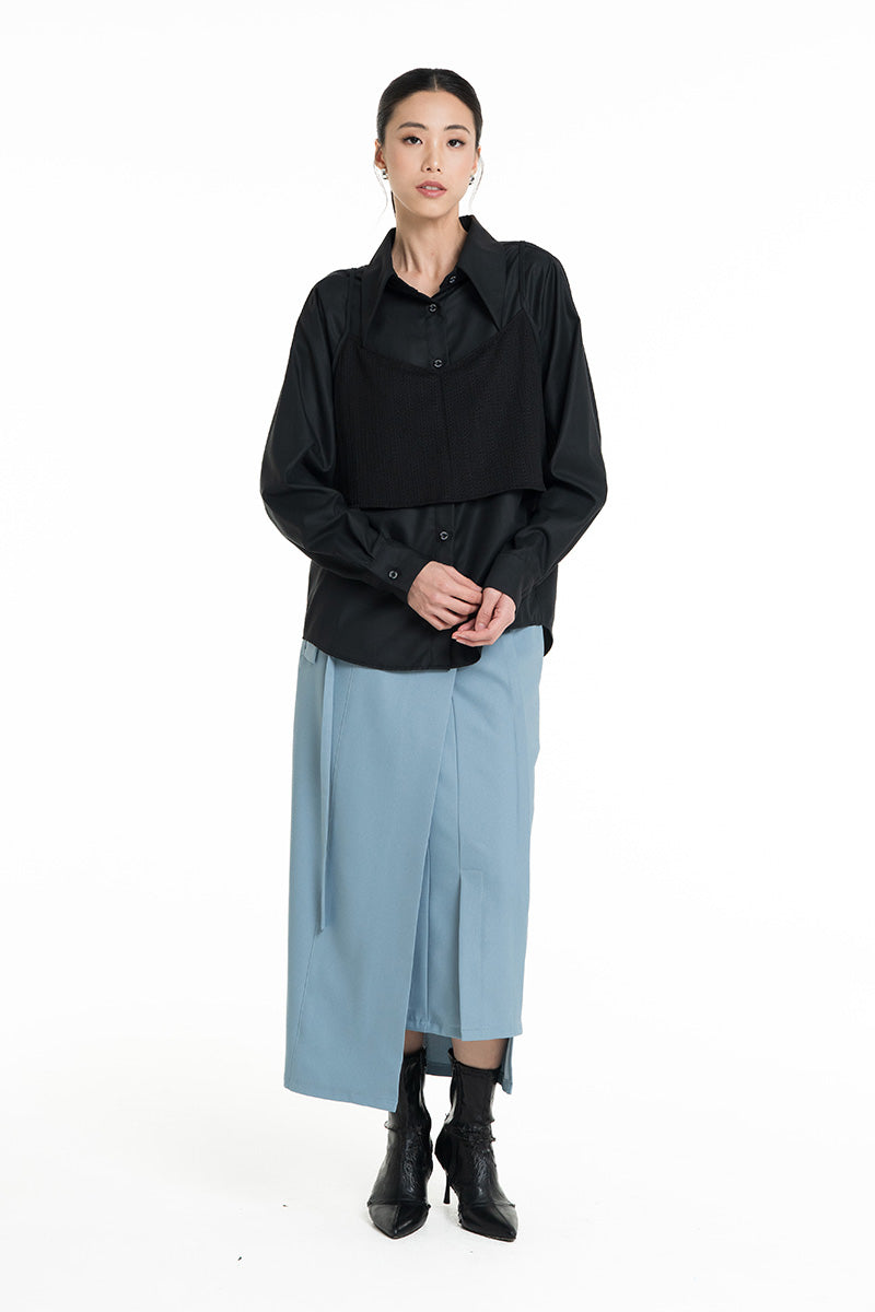 Shirt With Openwork Knitted Bralette In Black