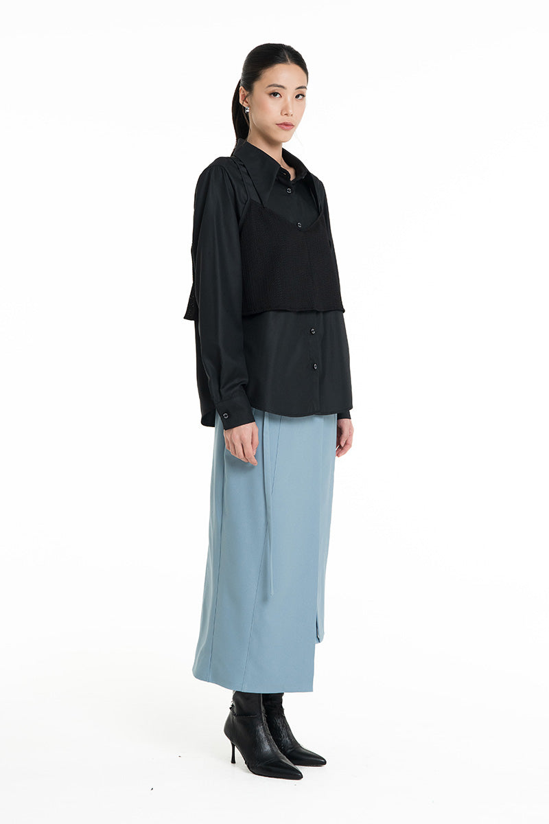 Shirt With Openwork Knitted Bralette In Black