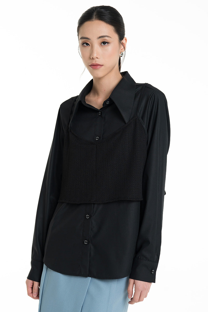 Shirt With Openwork Knitted Bralette In Black